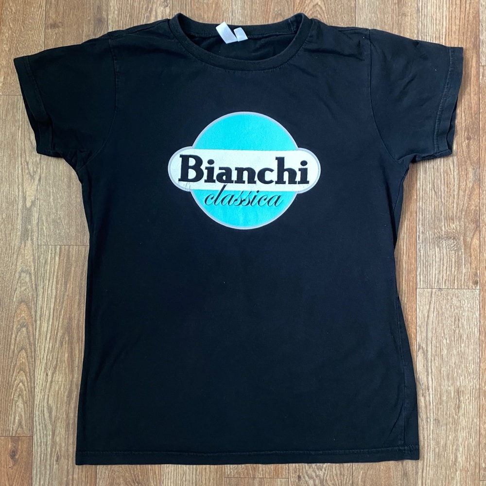 Bianchi Classica Womens M Black Celeste Cotton Tshirt Cycling Ciclismo Bike VTG